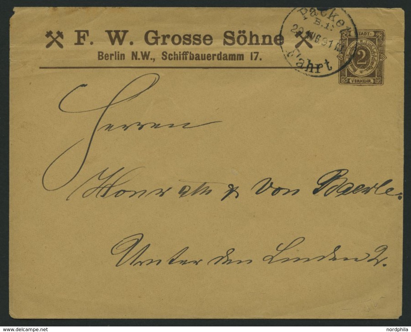 BERLIN B U BRIEF, PACKETFAHRT GESELLSCHAFT: 1891, 2 Pf. Braun, Privater Ganzsachenumschlag Von F.W. Grosse Söhne, Bedarf - Autres & Non Classés