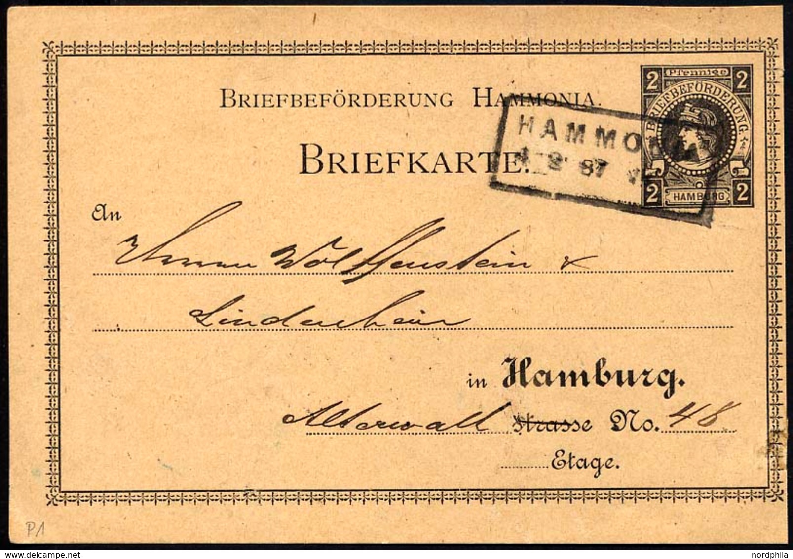 HAMBURG D P 1 BRIEF, HAMMONIA I: 1886, 2 Pf. Schwarz, Mit Rahmen, Gebraucht, Karte Feinst - Posta Privata & Locale