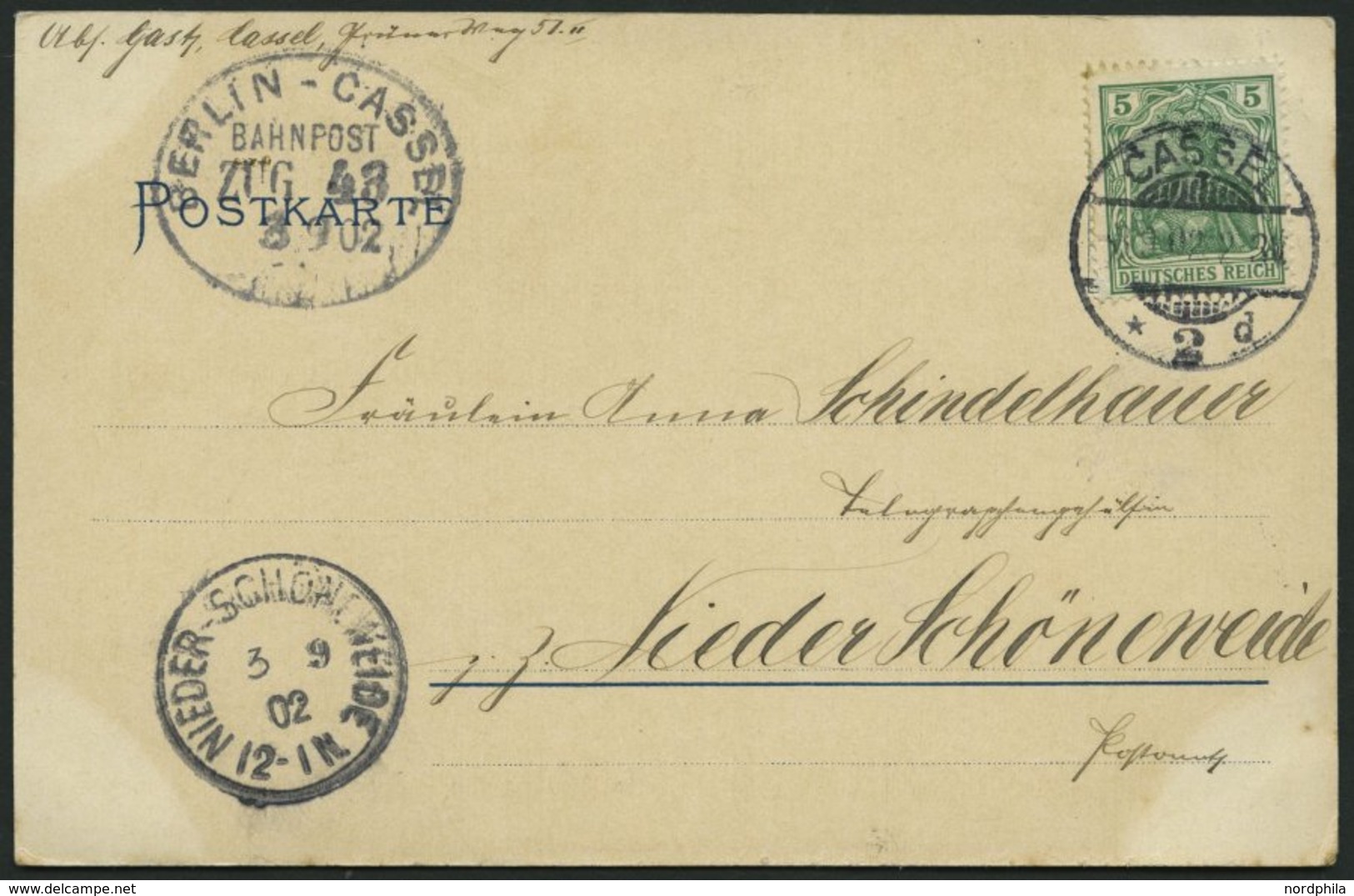 BAHNPOST DR 70 BRIEF, Berlin-Cassel (Zug 43) Als Ankunftsstempel Auf Ansichtskarte Mit 5 Pf Germania Von 1902, Pracht - Macchine Per Obliterare (EMA)