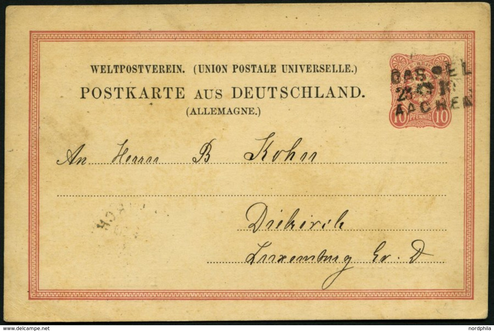 BAHNPOST DR P 8 BRIEF, Cassel-Aachen, L3 Auf 10 Pf. Ganzsachenkarte Von 1883, Feinst - Machines à Affranchir (EMA)