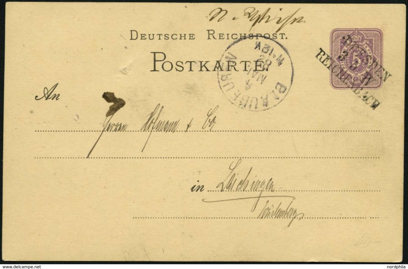 BAHNPOST DR P 10 BRIEF, Dresden-Reichenbach, L3 Und Handschriftlich NIEDERWIESA Auf 5 Pf. Ganzsachenkarte Von 1882, Fein - Maschinenstempel (EMA)