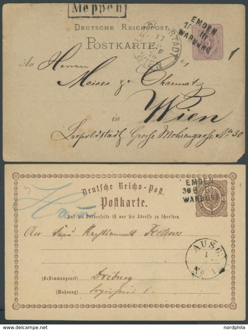 BAHNPOST DR P BRIEF, Emden-Warburg (II Und III), L3, 1878, 2 Ganzsachenkarten, Feinst (Bedarfsmängel) - Maschinenstempel (EMA)