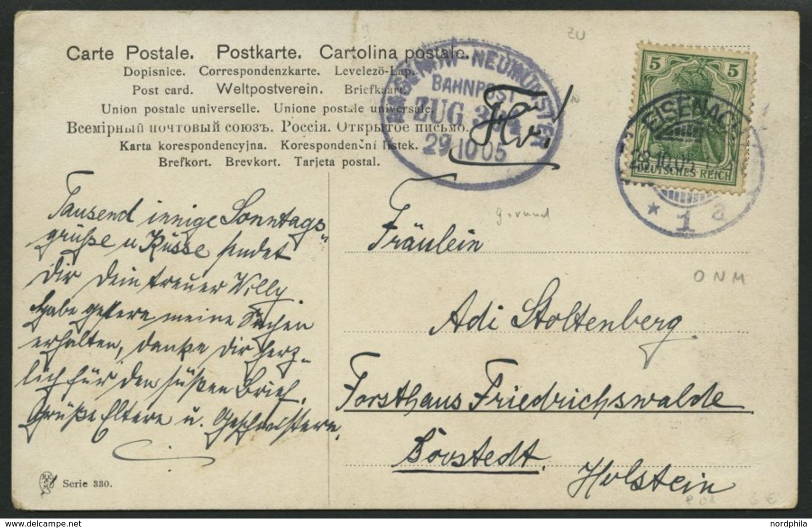 BAHNPOST DR 85 BRIEF, Hagenow-Neumünster (Zug 304) Als Ankunftsstempel Auf Ansichtskarte Mit 5 Pf Germania Von 1905, Fei - Macchine Per Obliterare (EMA)