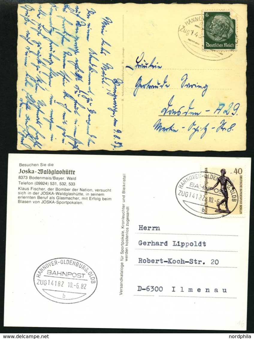 BAHNPOST Hannover-Oldenburg (Zug 149,14182 (3x) Und 3145), 1937-1993, 5 Belege Pracht, Dazu Beutelfahne Und Ortsbund, Pr - Maschinenstempel (EMA)