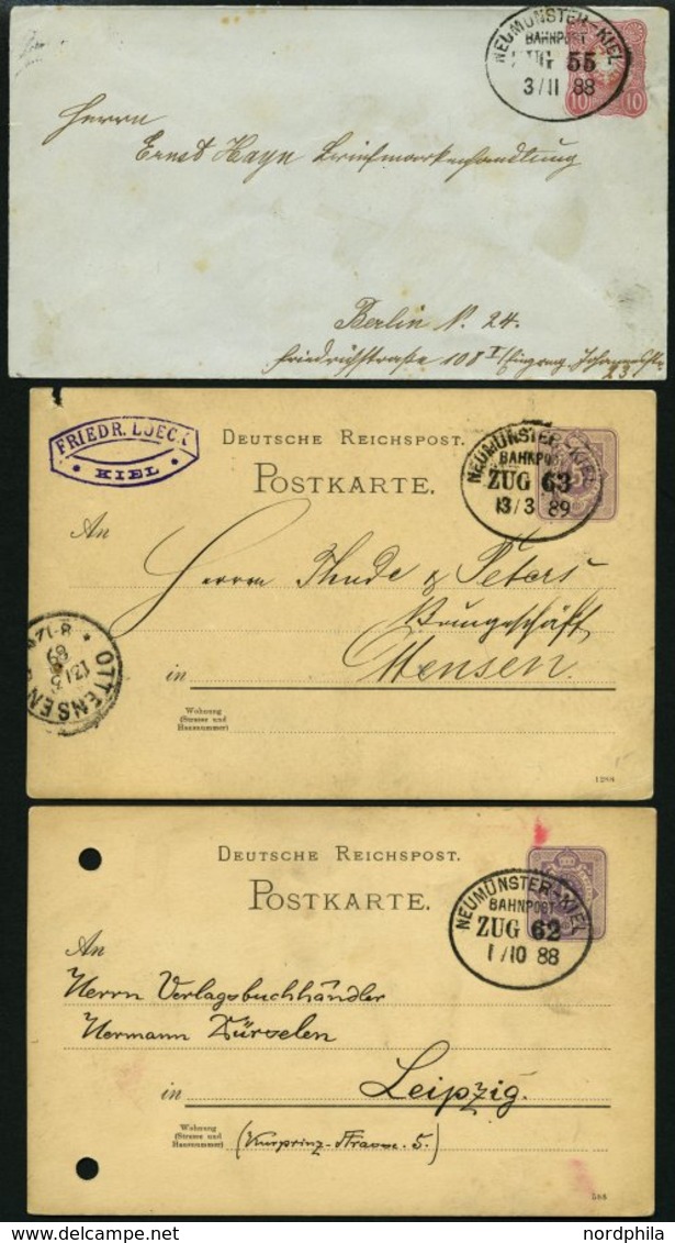 BAHNPOST Neumünster-Kiel (Zug 55,62,63 Und 653) 1888-1890, 4 Belege, Dazu Eine Alte Ansichtskarte Vom Bahnhof Einfeld, F - Macchine Per Obliterare (EMA)