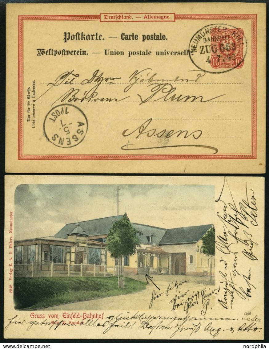 BAHNPOST Neumünster-Kiel (Zug 55,62,63 Und 653) 1888-1890, 4 Belege, Dazu Eine Alte Ansichtskarte Vom Bahnhof Einfeld, F - Maschinenstempel (EMA)