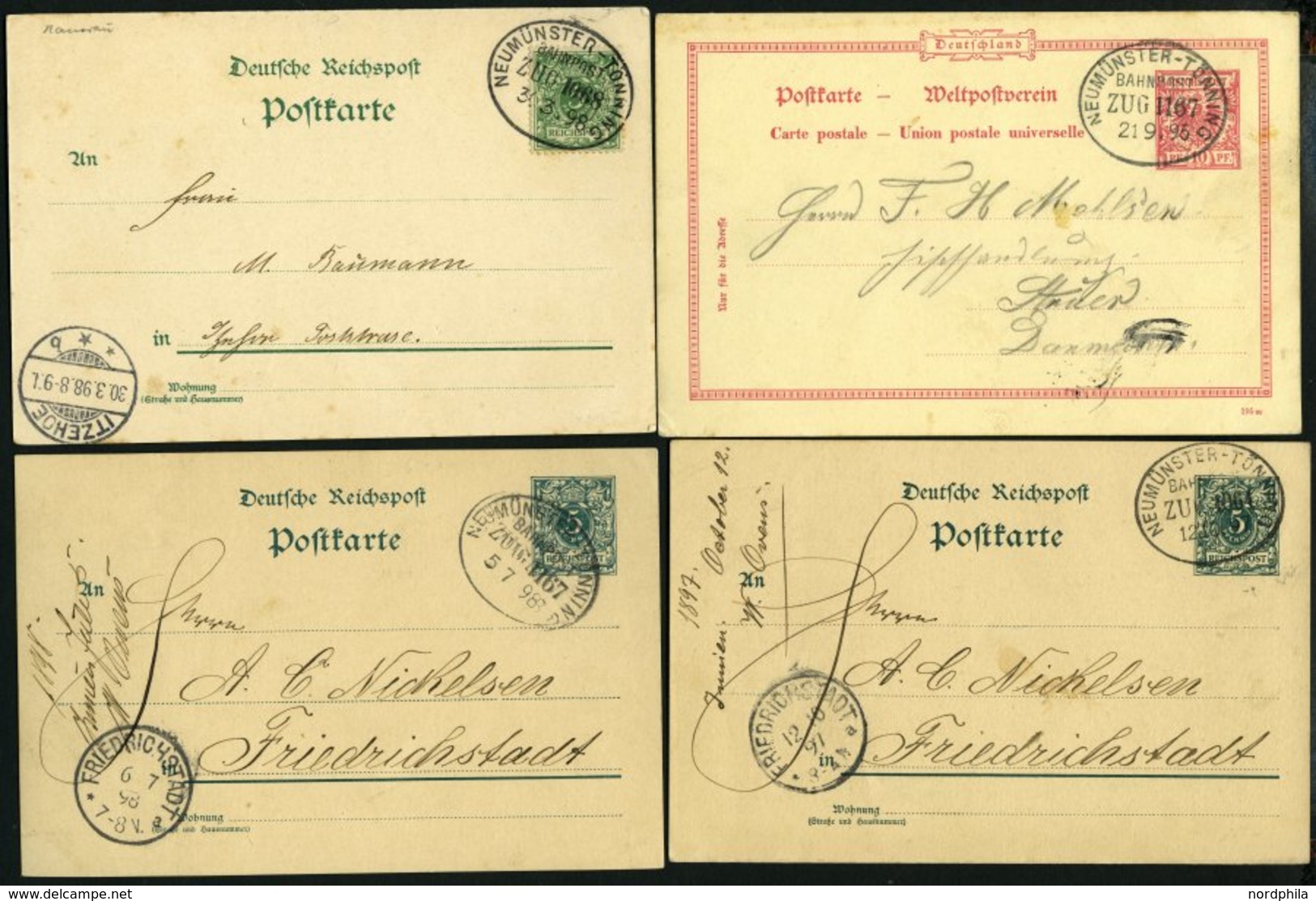 BAHNPOST Neumünster-Tönning (verschiedene Züge), 1895-1912, 7 Karten Feinst/Pracht - Maschinenstempel (EMA)