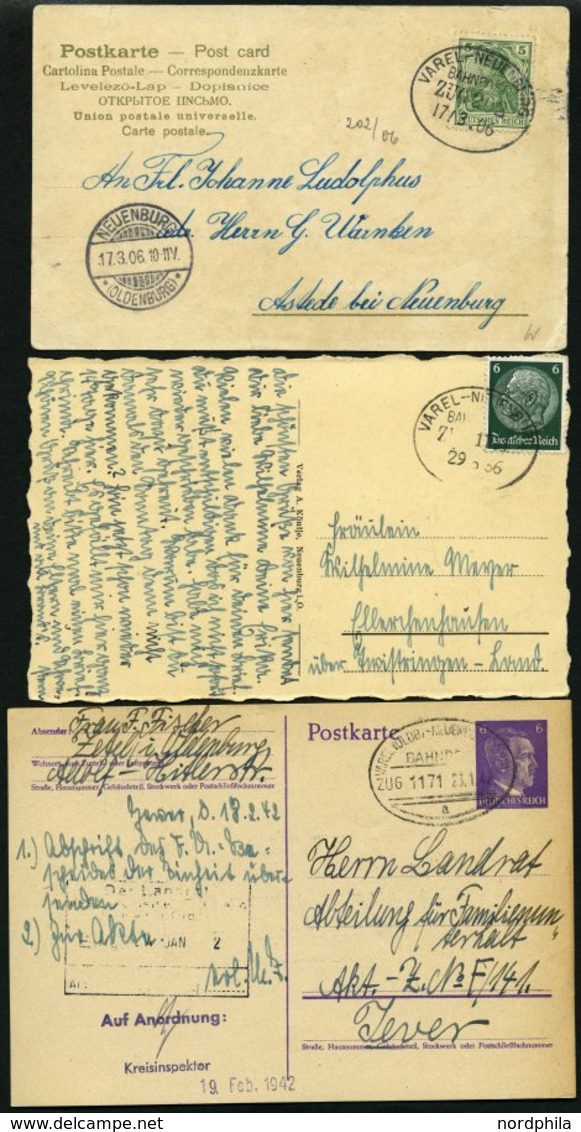 BAHNPOST Varel-Neuenburg (Zug 202,1039 Und 1171 (2x)), 1906-1943, 4 Belege, Dazu 2 Briefstücke, Feinst/Pracht - Maschinenstempel (EMA)