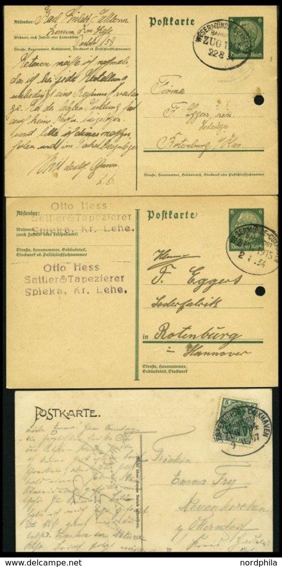 BAHNPOST Wesermünde-Cuxhaven (Zug 704 Und 1915 (2x)), 1907/34, 3 Beleg Feinst - Maschinenstempel (EMA)