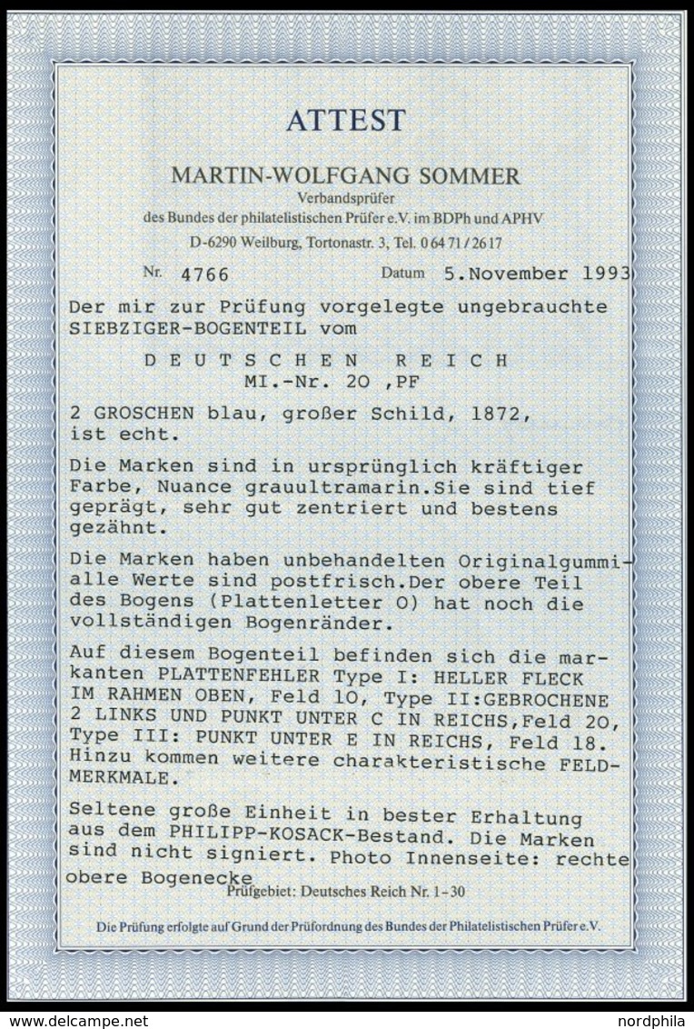 Dt. Reich 20 **, 1872, 2 Gr. Ultramarin Im Postfrischen Neunerblock Aus Der Rechten Oberen Bogenecke, Dabei Die Plattenf - Usati