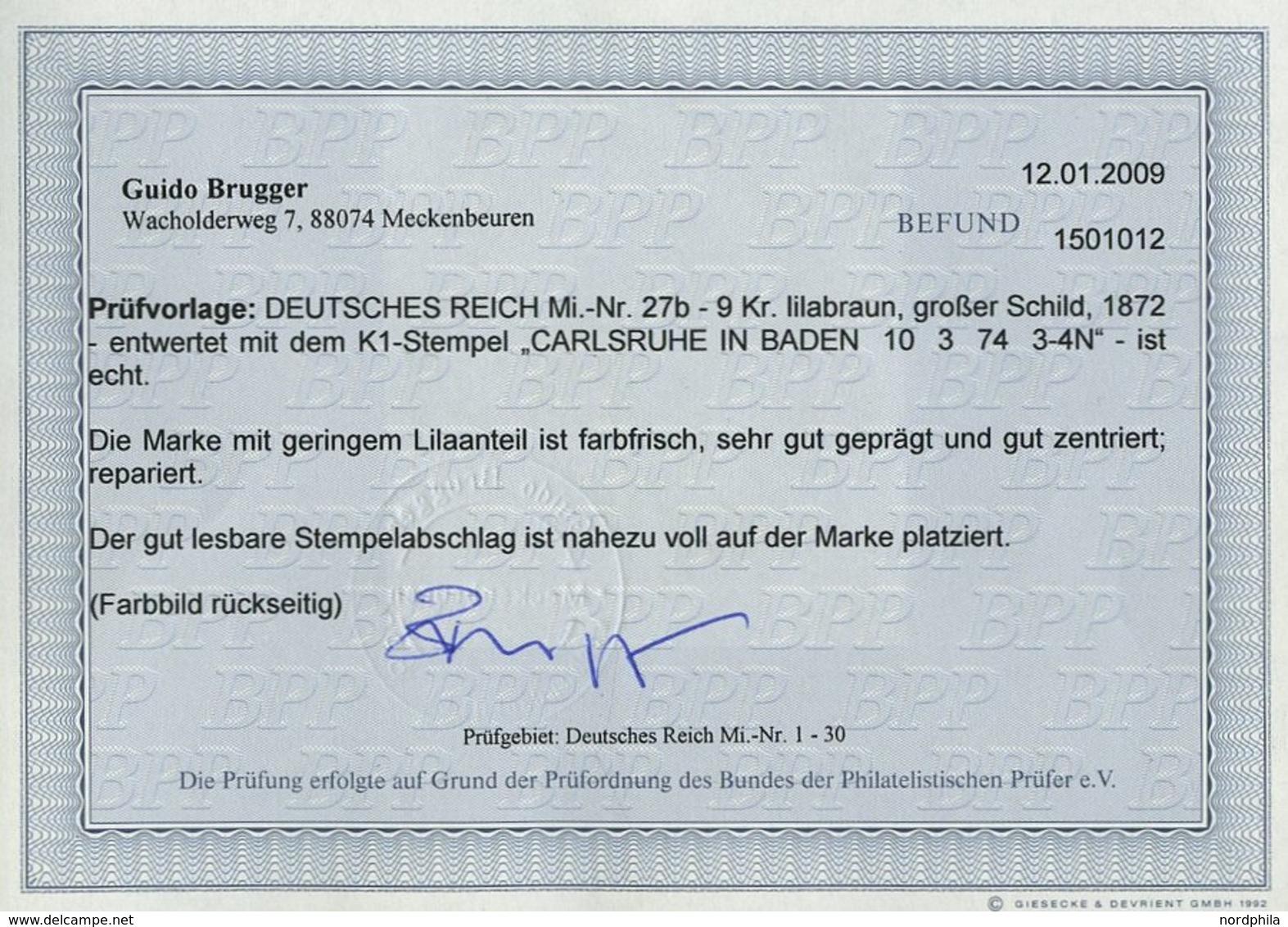 Dt. Reich 27b O, 1872, 9 Kr. Lilabraun, Repariert Wie Pracht, Fotobefund Brugger, Mi. (650.-) - Gebraucht