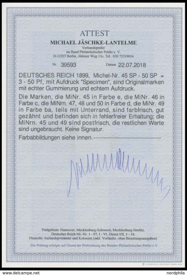 Dt. Reich 45-50SP *,** , 1889, Krone/Adler Mit Aufdruck SPECIMEN, Dabei Die Mi.Nr. 49 In Der Farbe Ba, Mi.Nr. 45 Und 49  - Altri & Non Classificati