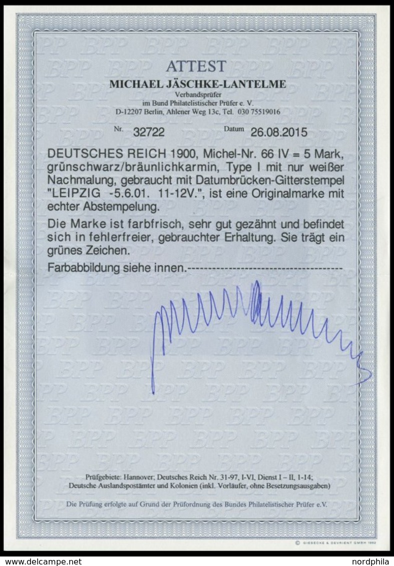 Dt. Reich 66IV O, 1900, 5 M. Reichspost, Type I, Nachmalung Nur Mit Deckweiß, Pracht, Fotoattest Jäschke-L., Mi. 800.- - Sonstige & Ohne Zuordnung