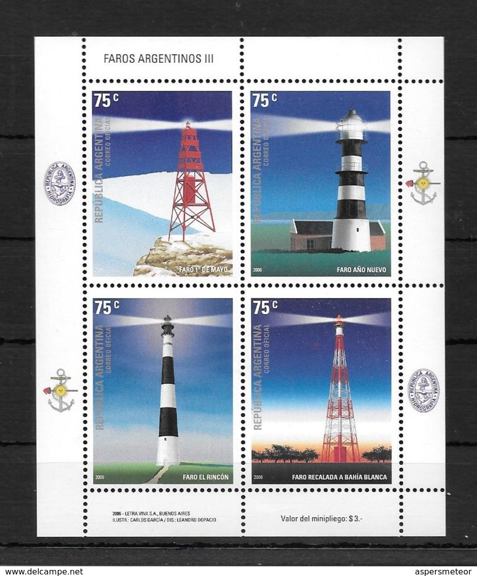 FAROS ARGENTINOS III. ARGENTINA AÑO 2006 HOJA BLOCK GJ N° 169 MNH. PHARES PHAR FARO PHARS LIGHTHOUSE LIGHTHOUSES -LILHU - Vuurtorens