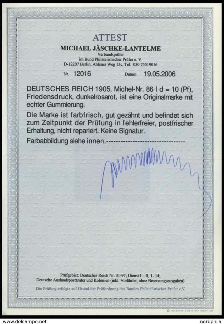 Dt. Reich 86Id **, 1913, 10 Pf. Schwärzlichrosa Friedensdruck, Postfrisch, Pracht, Fotoattest Jäschke-L., Mi. 500.- - Autres & Non Classés