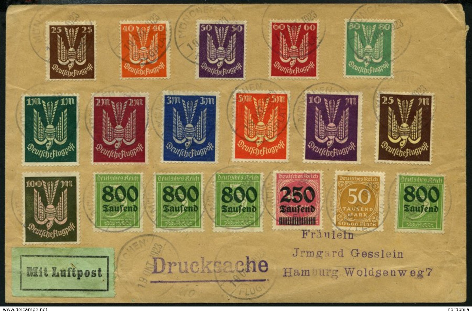 Dt. Reich 210-18,235-37 BRIEF, 1923, Holztaube Mit Zusatzfrankatur Auf Luftpost-Drucksache Von MÜNCHEN Nach Berlin, Prac - Oblitérés