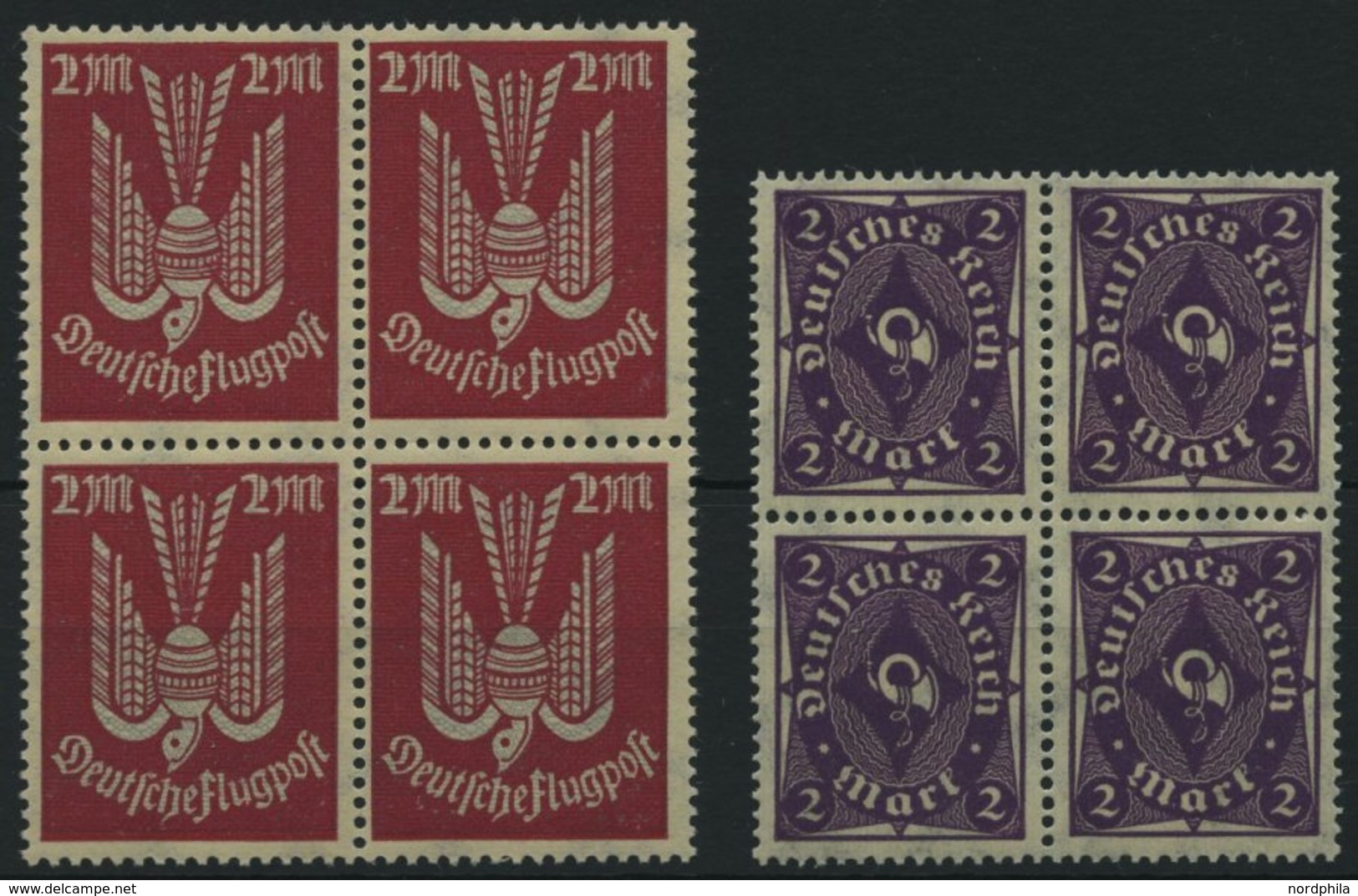 Dt. Reich 216b,224aa VB **, 1922, 2 M. Rot/grau Und Dunkelpurpurviolett, Je Im Viererblock, Pracht, Gepr. Infla, Mi. 92. - Usati