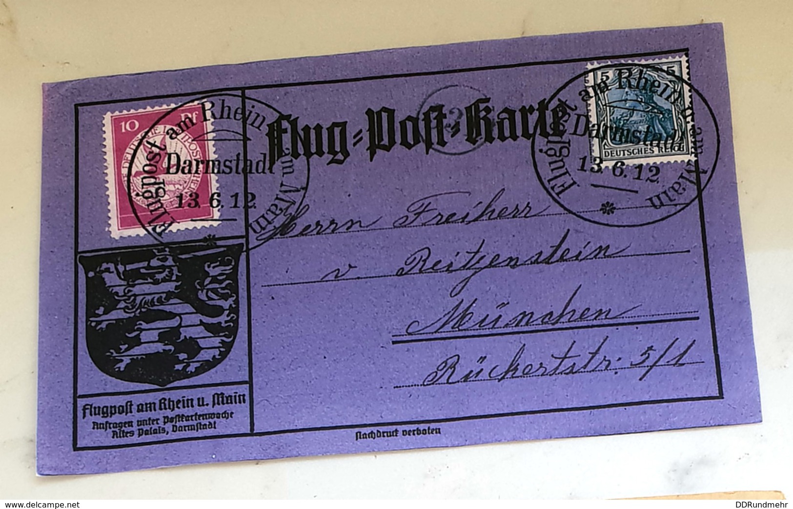 1912 Juni Luftpost Am Rhein Flugpostkarte  Mi DR I - Luft- Und Zeppelinpost