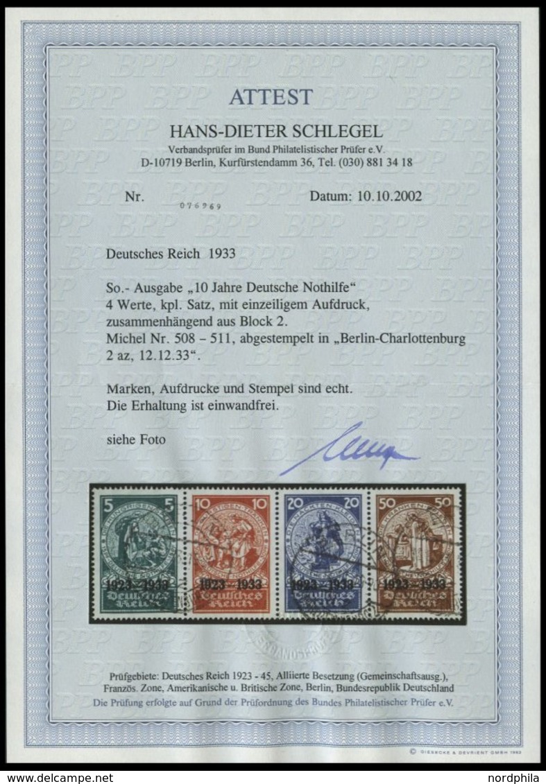 Dt. Reich 508-11 O, 1933, Nothilfe Im Viererstreifen, Pracht, Fotoattest H.D. Schlegel, Mi. (2000.-) - Sonstige & Ohne Zuordnung