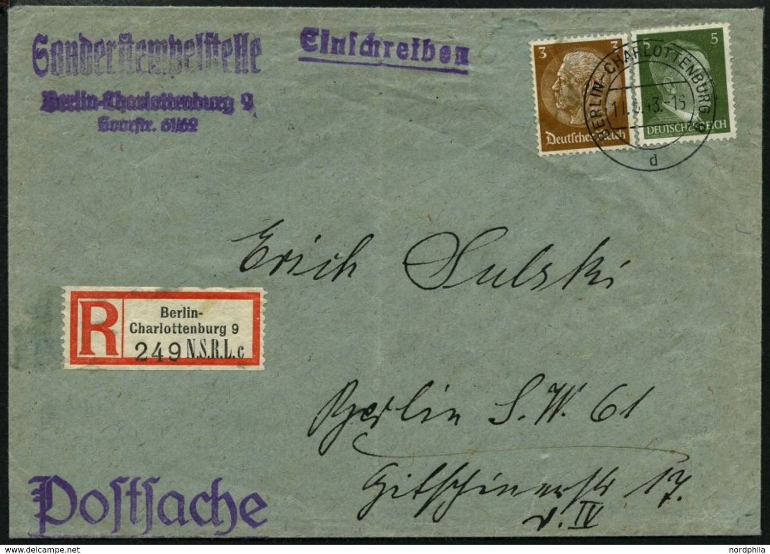 Dt. Reich 513,784 BRIEF, 1943, 3 Pf. Hindenburg Und 5 Pf. Hitler Auf Postsache-Einschreiben Aus BERLIN-CHARLOTTENBURG, O - Autres & Non Classés