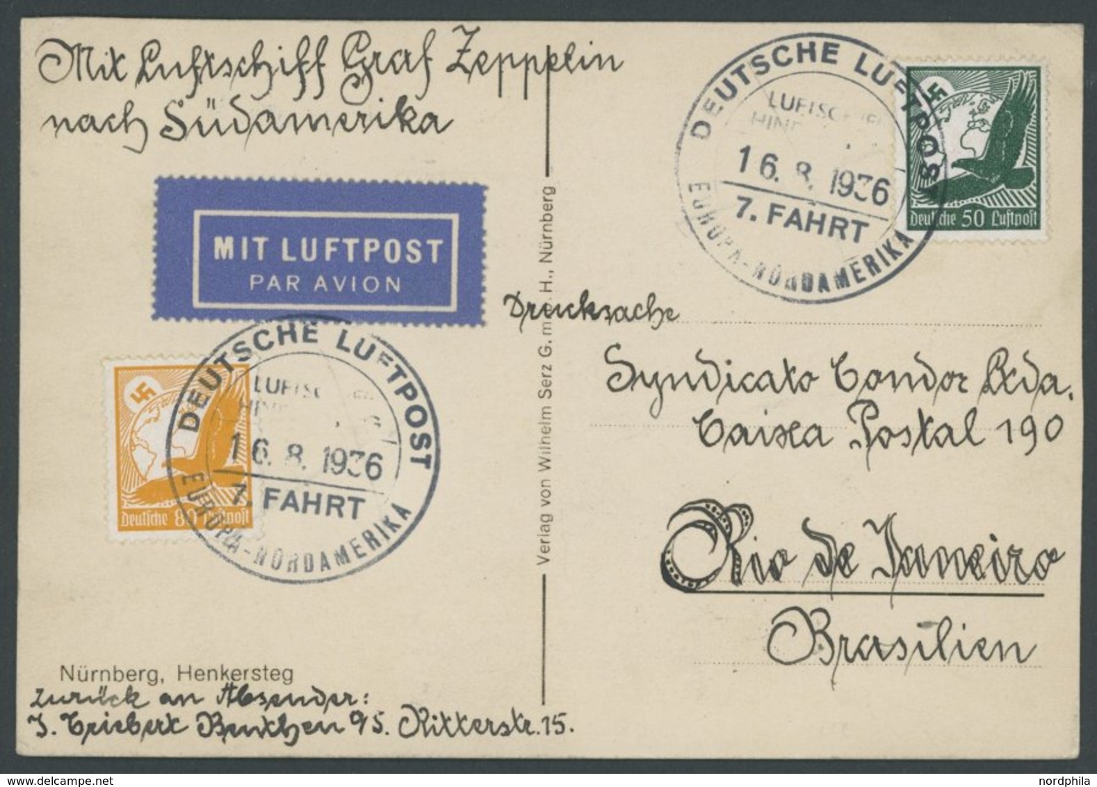 1936, 50 Und 80 Pf. Flugpost Auf Reichsparteitagkarte, Drucksache Für LZ 127 Hin- Und Rückfahrt Nach Rio De Janeiro, Ges - Sonstige & Ohne Zuordnung