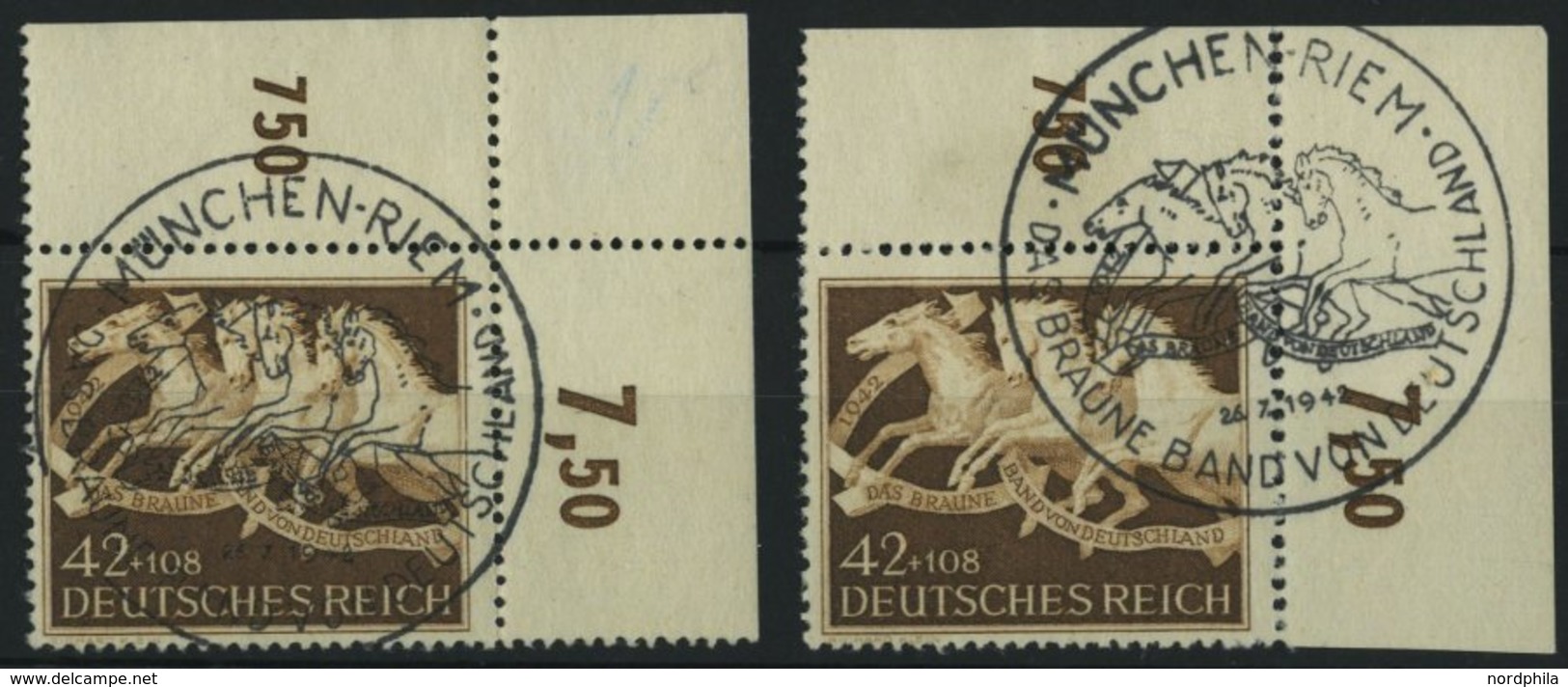 Dt. Reich 815 O, 1942, 42 Pf. Braunes Band, Obere Rechte Bogenecke (gezähnt Und Nicht Durchgezähnt), Sonderstempel, 2 Pr - Sonstige & Ohne Zuordnung