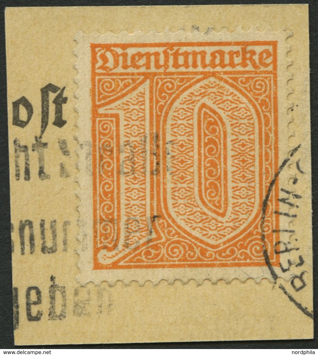 DIENSTMARKEN D 65 BrfStk, 1921, 10 Pf. Dunkelorange, Prachtbriefstück, Gepr. Dr. Düntsch, Mi. (600.-) - Service