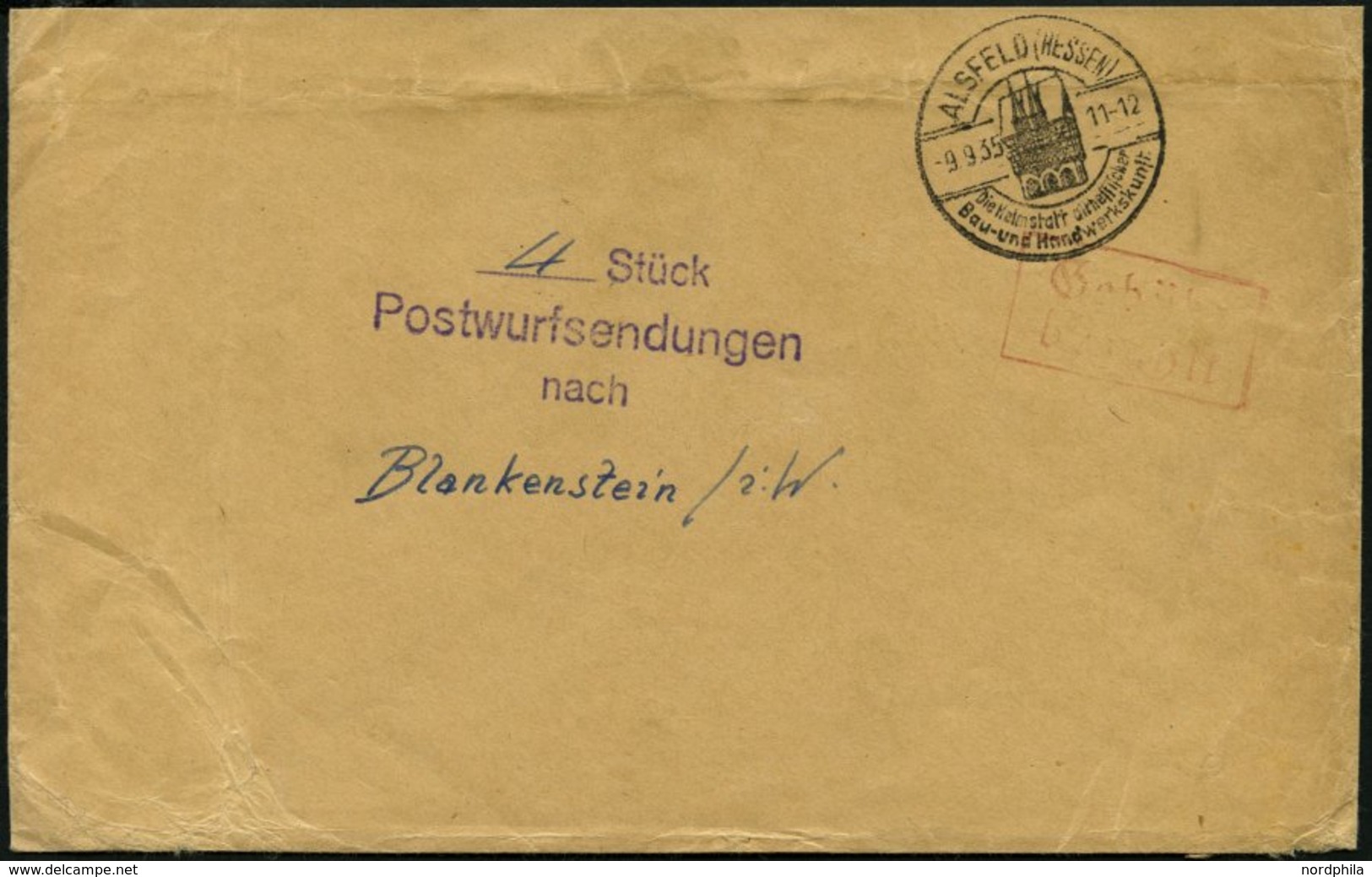 DIENSTMARKEN 1935, Umschlag Aus ALSFELD Mit Stempel 4 Stück Postwurfsendungen Nach Blankenstein, Roter Gebühr-bezahlt-St - Dienstmarken