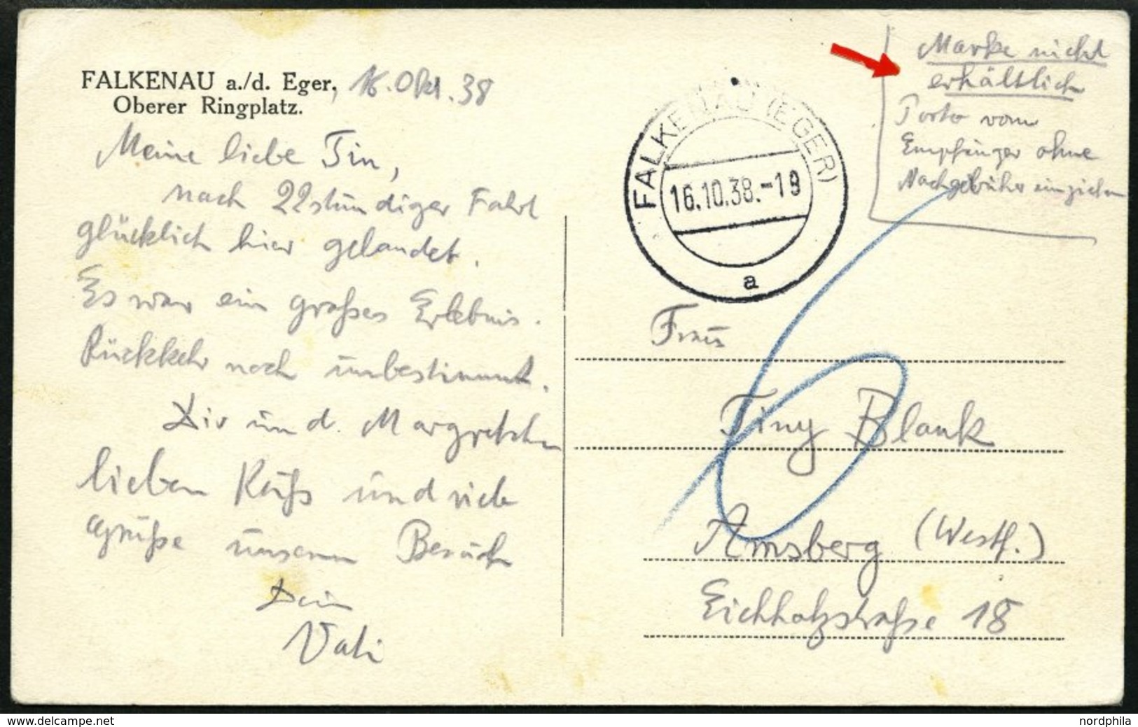 DIENSTMARKEN 1938, Ansichtskarte Aus FALKENAU, Handschriftlicher Postaufgabevermerk: Marke Nicht Erhältlich, Porto Vom E - Servizio