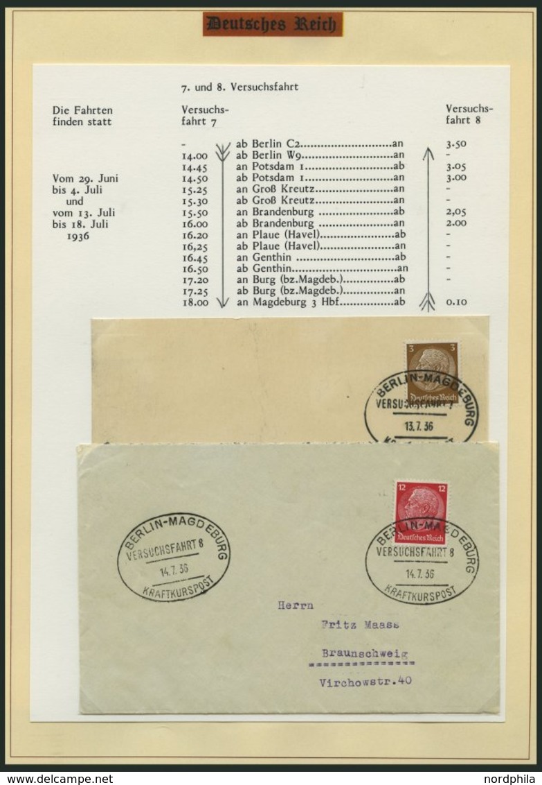 SAMMLUNGEN 1936, Spezialsammlung: Kraftkurspost Versuchsfahrten, die Versuchsfahrten 1 - 12 komplett auf Belegen, ausfüh