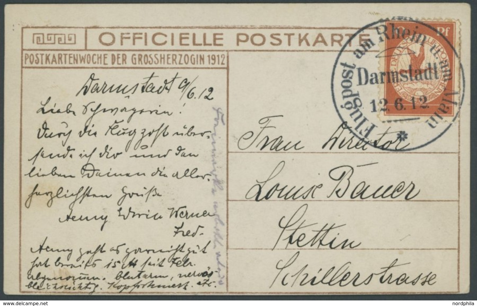 1912, 10 Pf. Flp. Am Rhein Und Main Auf Flugpostkarte Ohne Nachporto, Sonderstempel Darmstadt 12.6.12, Prachtkarte -> Au - Zeppelin