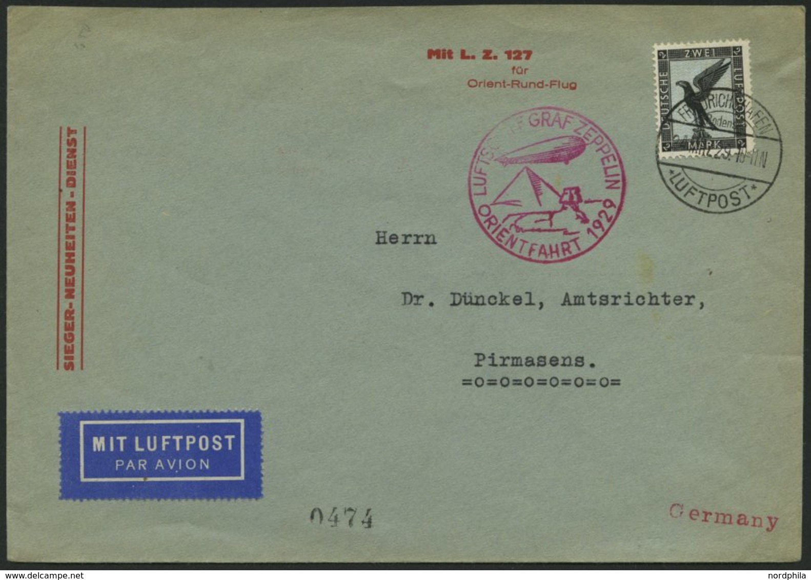 ZEPPELINPOST 23IA BRIEF, 1929, Orientfahrt, Auflieferung Fr`hafen, Frankiert Mit Einzelfrankatur Mi.Nr. 383, Pracht - Zeppeline