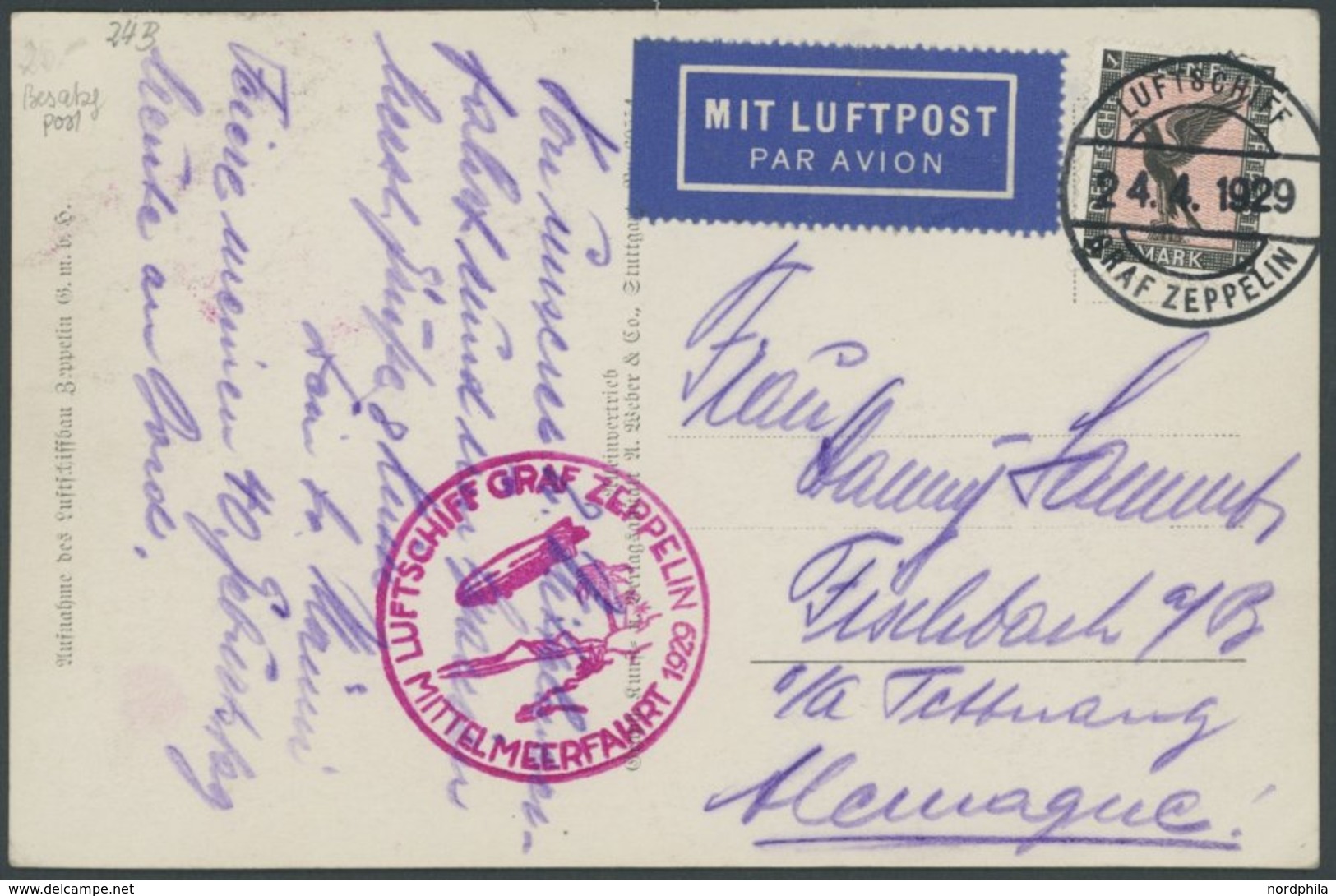 1929, Mittelmeerfahrt, Bordpost, Prachtkarte -> Automatically Generated Translation: 1929, "Mediterranean Voyage", Board - Zeppeline