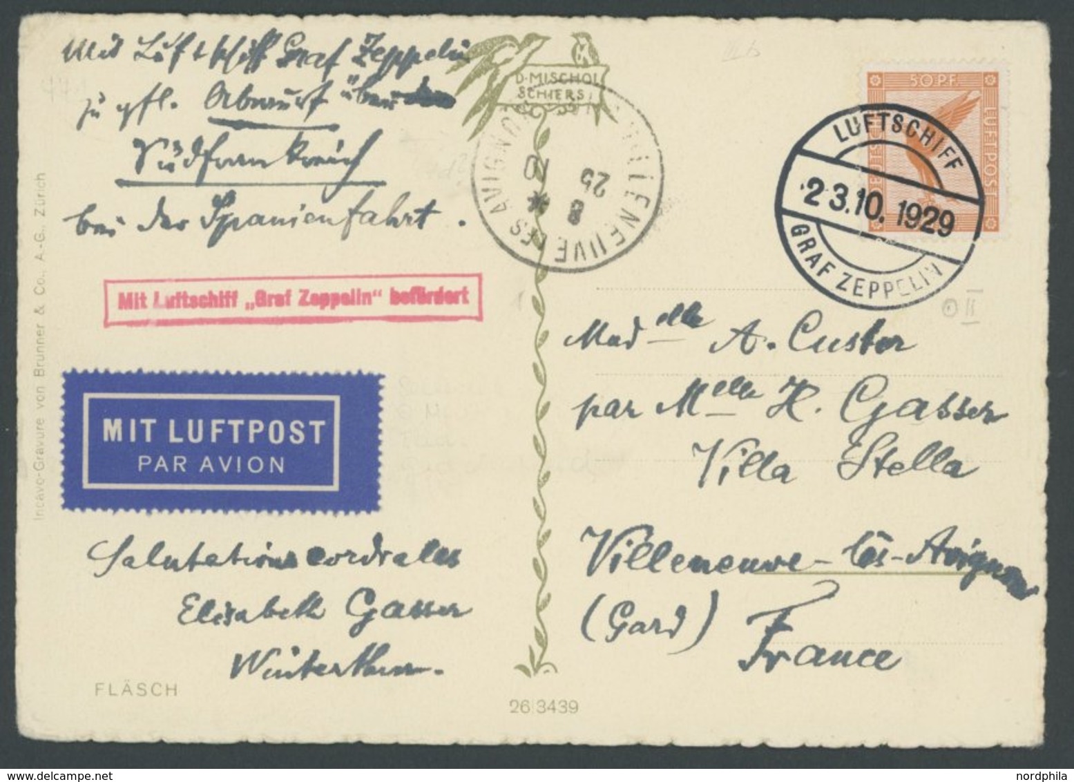 1929, Spanienfahrt, Bordpost, Mit Hinweis Zur Gefl. Abwurf über Südfrankreich, Mit Ankunftsstempel VILLENEUVE, Prachtkar - Zeppelin