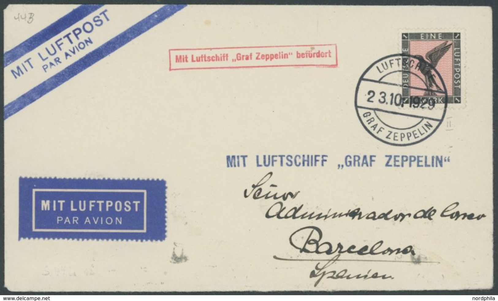 1929, Spanienfahrt, Bordpost, Brief Feinst -> Automatically Generated Translation: 1929, "Spain Trip", Board Mail, Cover - Zeppelin