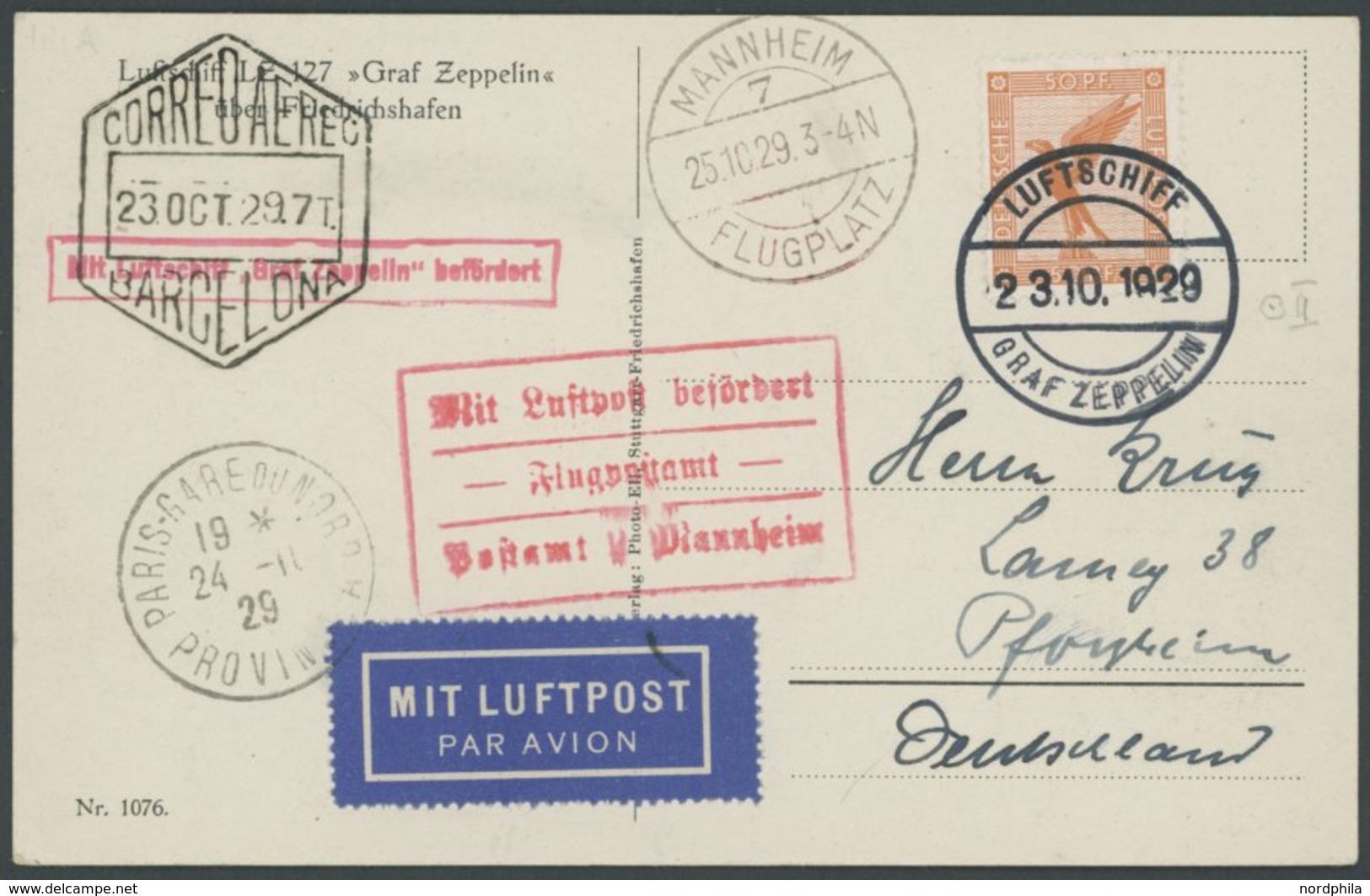 1929, Spanienfahrt, Bordpost, Mit Transitstempel, PARIS Und MANNHEIM, Prachtkarte -> Automatically Generated Translation - Zeppeline