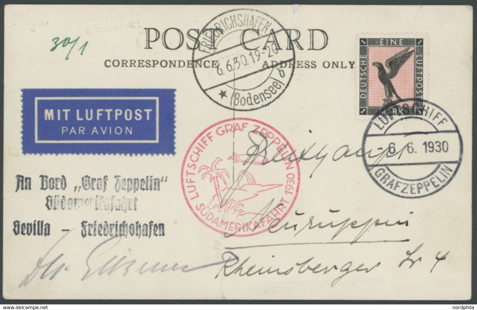 1930, Südamerikafahrt, Bordpost Nach Friedrichshafen Vom 6.6.1930, Mit Eigenhändiger Unterschrift Von Dr. Eckener, Karte - Zeppelin