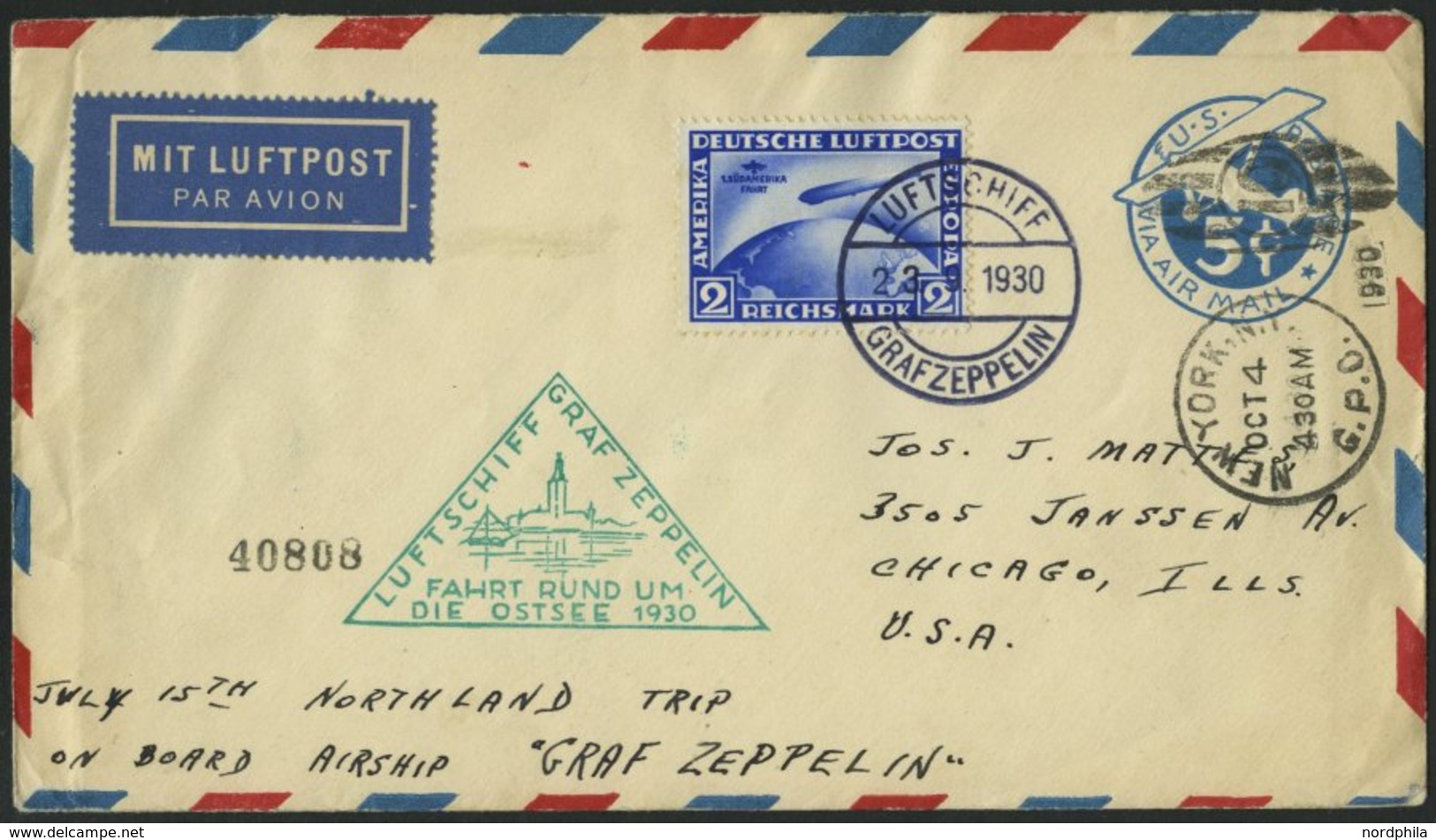 ZEPPELINPOST 88Dc BRIEF, 1930, Ostseefahrt, Abwurf Stockholm, Bordpost, Auf Brief In Die USA, Frankiert Mit 2 RM Südamer - Zeppelins