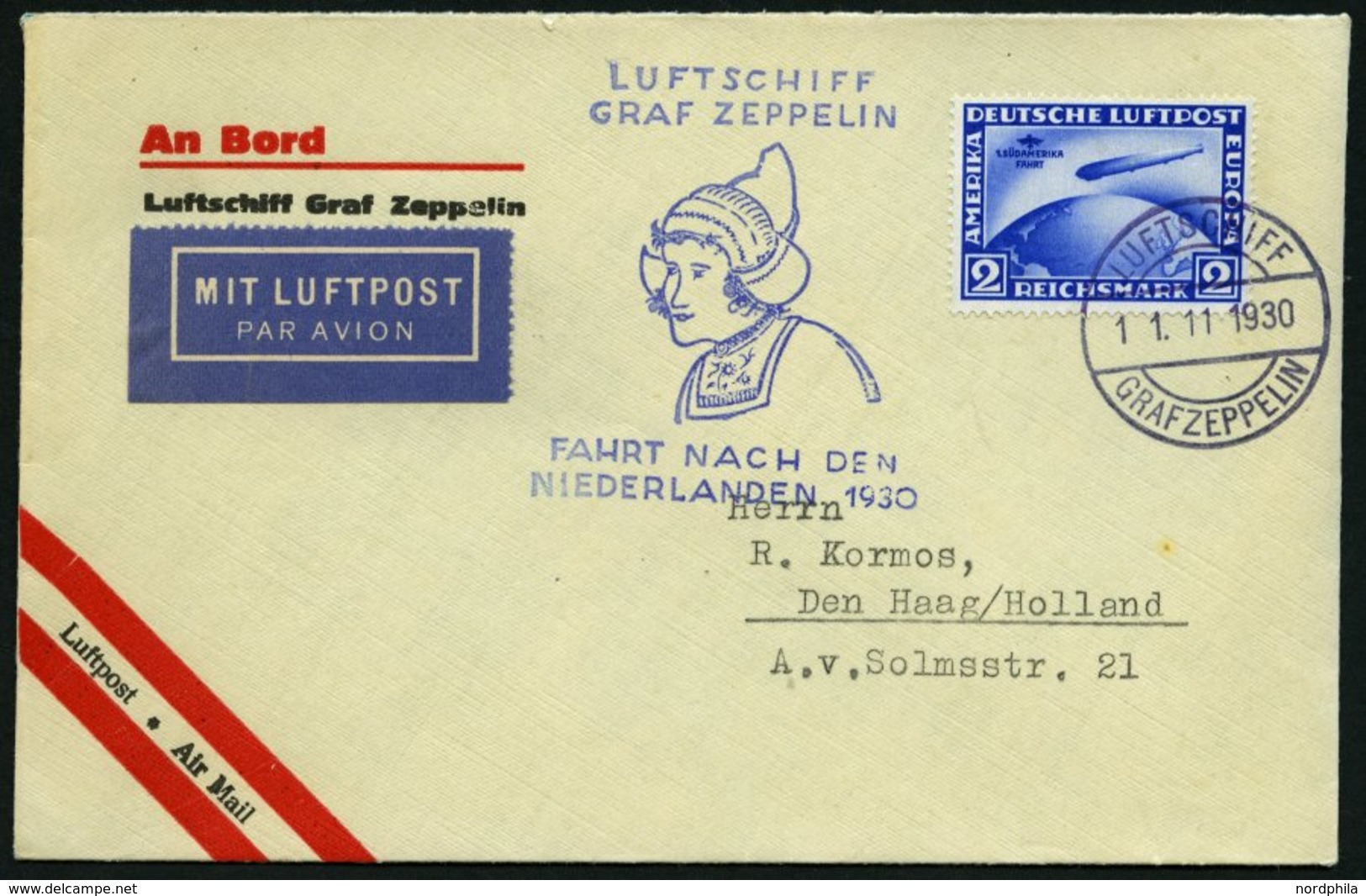 ZEPPELINPOST 98Ab BRIEF, 1930, Fahrt In Die Niederlande, Bordpost, Frankiert Mit 2 RM Südamerikafahrt, Prachtbrief - Zeppelin