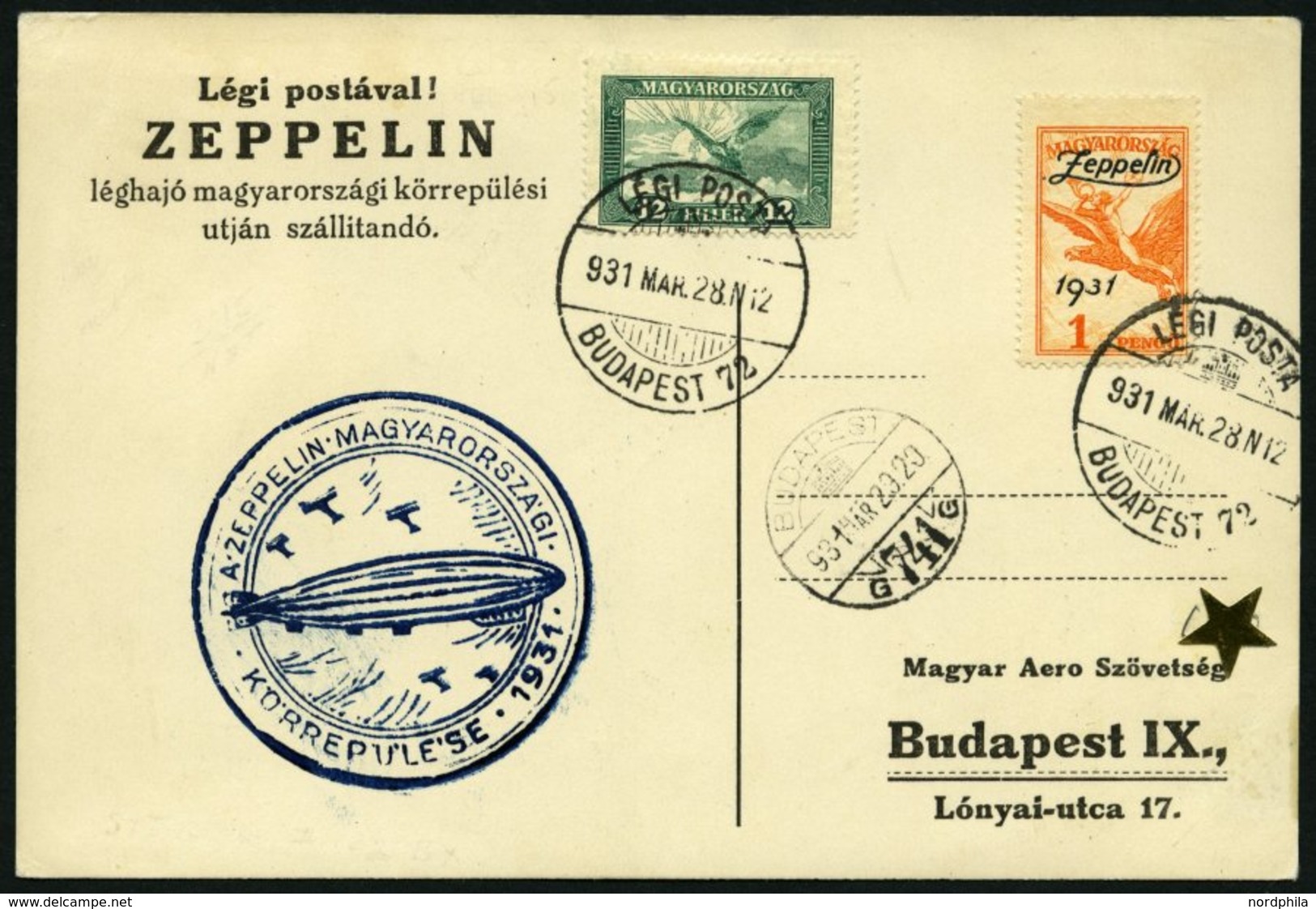 ZEPPELINPOST 102Aa BRIEF, 1931, Ungarnfahrt, Ungarische Post, Mit Zeppelinmarke Zu 1 P., Pachtkarte - Zeppelin
