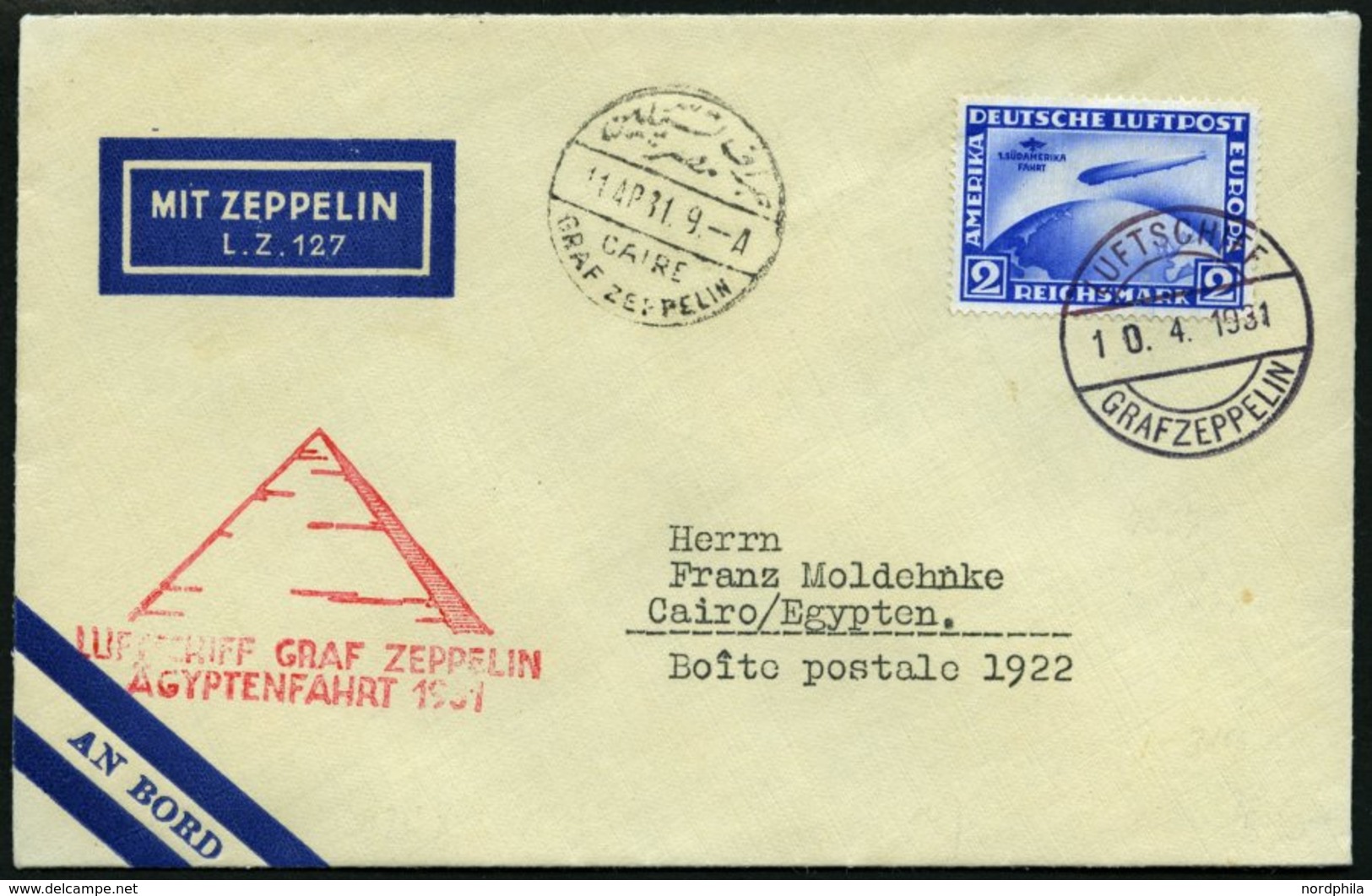 ZEPPELINPOST 104b BRIEF, 1931, Ägyptenfahrt, Bordpost, Frankiert Mit 2 RM Südamerikafahrt, Prachtbrief - Zeppeline