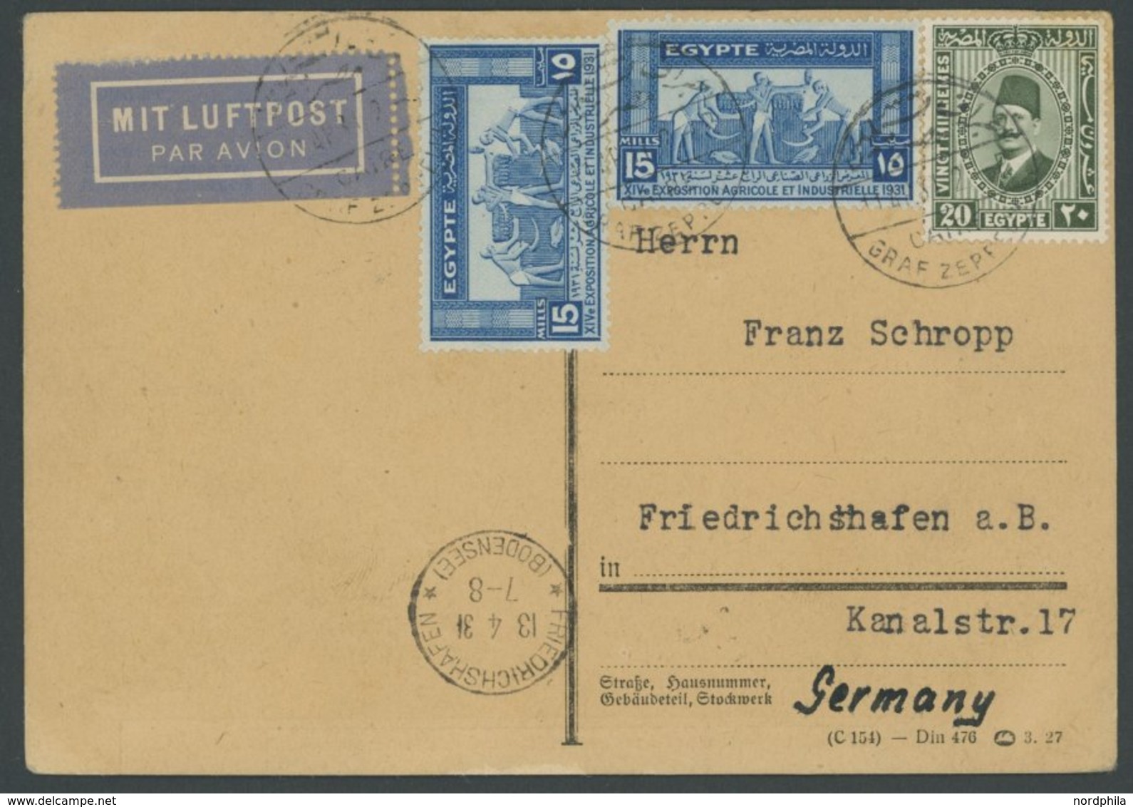 1931, Ägyptenfahrt, ägyptische Post, Postsonderstempel Kairo, Rückfahrt Nach Friedrichshafen, Mit Normalen Marken, Karte - Zeppelins