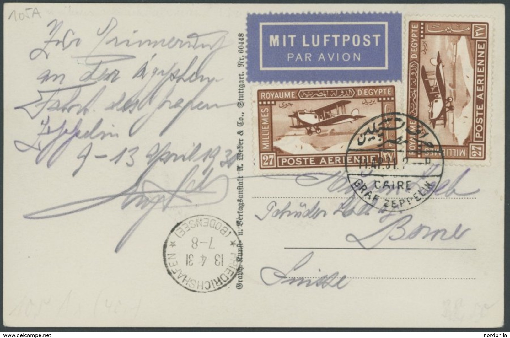 1931, Ägyptenfahrt, ägyptische Post, Postsonderstempel Kairo, Rückfahrt In Die Schweiz!, Mit Normaler Frankatur, Prachtk - Zeppelins