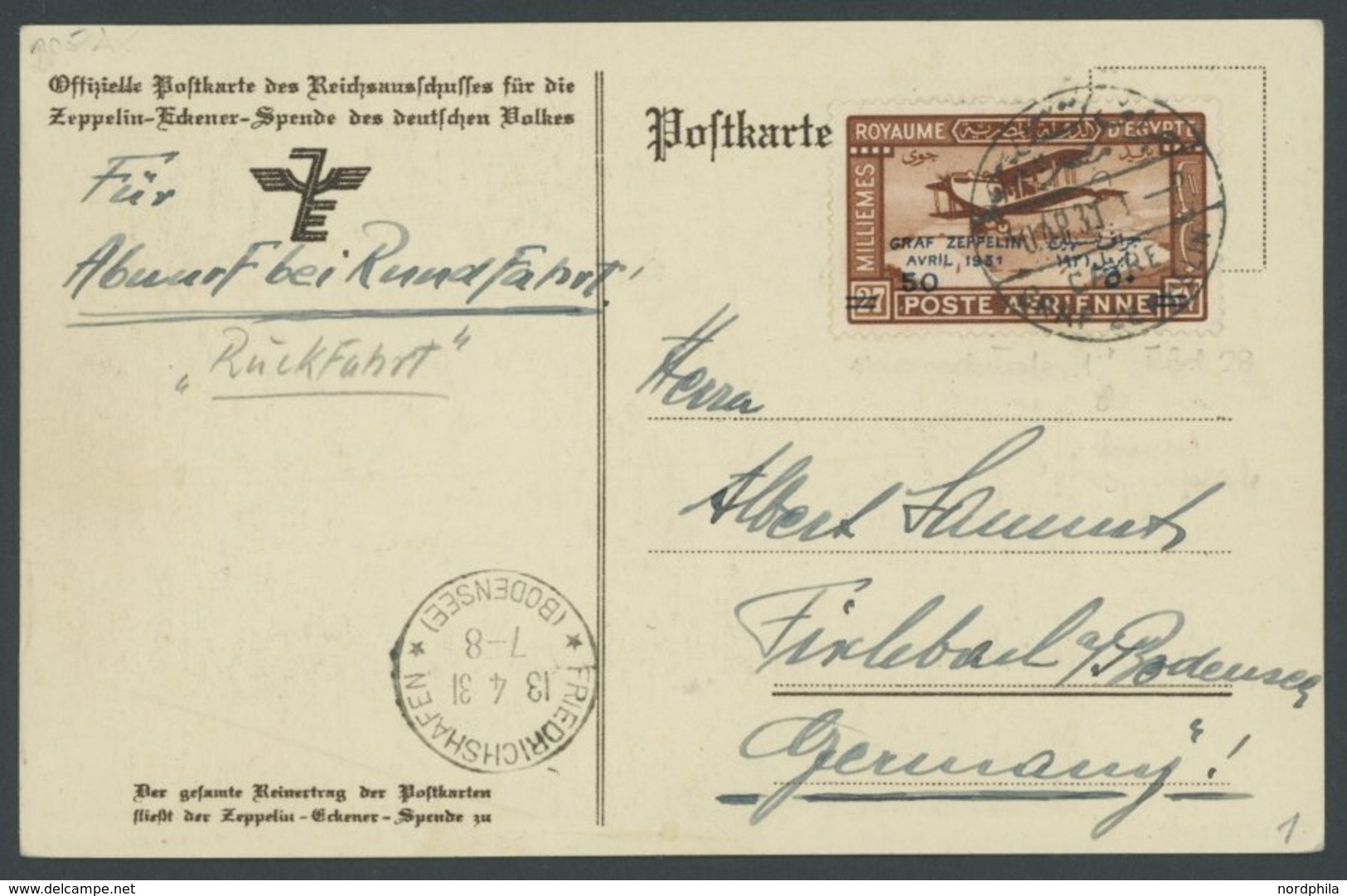 1931, Ägyptenfahrt, ägyptische Post, Postsonderstempel Kairo, Sondermarke Zu 50 Mm. Mit Plattenfehler Kurze 1, Rückfahrt - Zeppelin