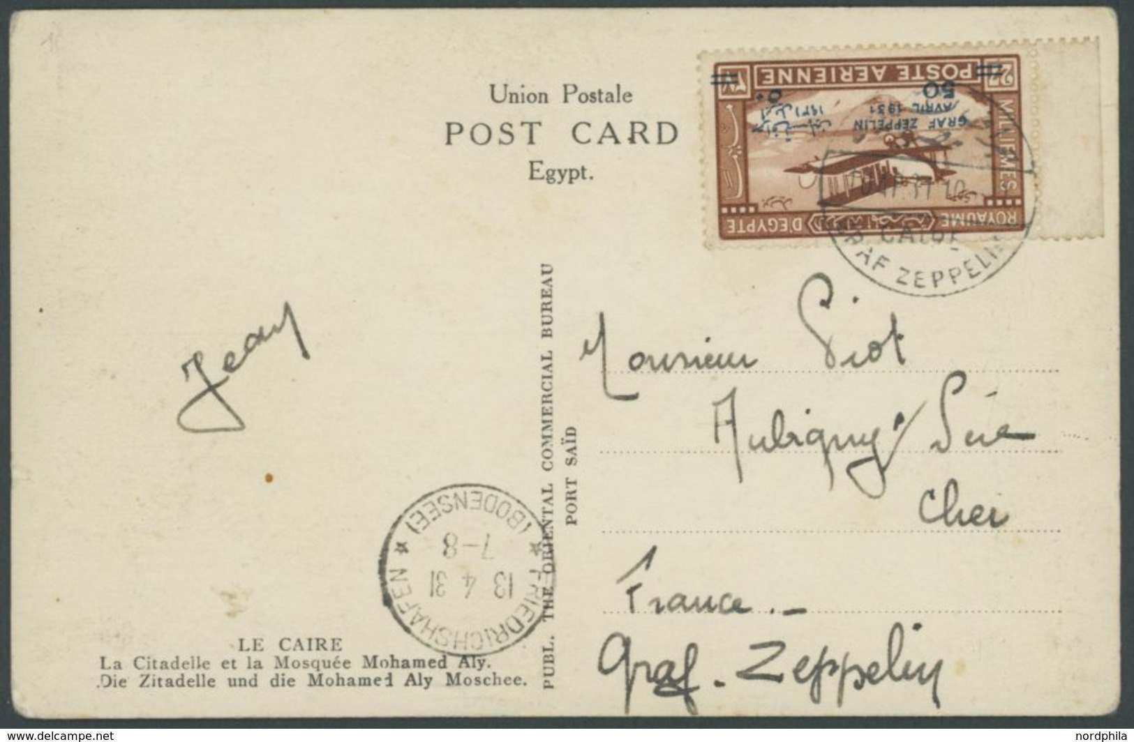 1931, Ägyptenfahrt, ägyptische Post, Postsonderstempel Kairo, Sondermarke Zu 50 Mm. Mit Plattenfehler Kurze 1, Karte Nac - Zeppelin