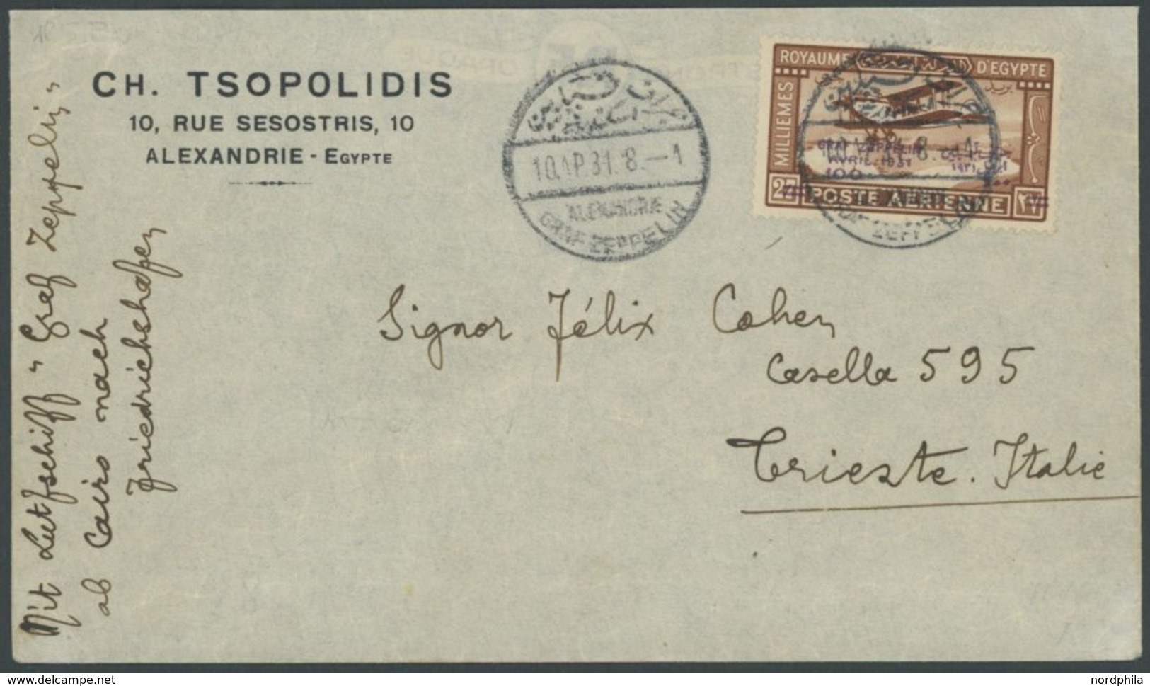 1931, Ägyptenfahrt, ägyptische Post, Postsonderstempel Alexandria, Sondermarke Zu 100 Mm. Auf Brief Nach Triest, Feinst, - Zeppelin