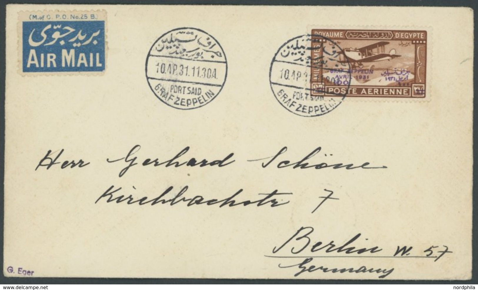 1931, Ägyptenfahrt, ägyptische Post, Postsonderstempel Port Said, Sondermarke Zu 100 Mm. Auf Brief Der Rückfahrt, Pracht - Zeppelin