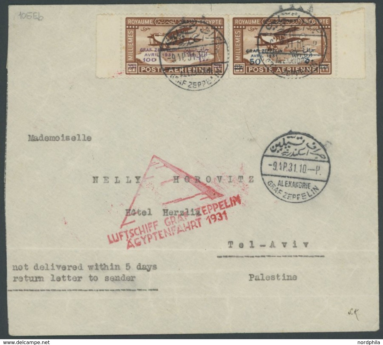 1931, Ägyptenfahrt, ägyptische Post, Palästina-Rundfahrt, Sonderstempel Alexandria, Brief Stärkere Bedarfsspuren -> Auto - Zeppeline