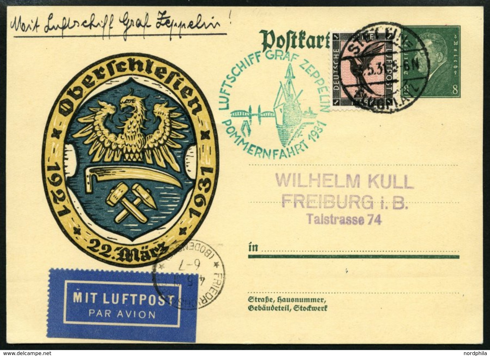 ZEPPELINPOST 106Ba BRIEF, 1931, Pommernfahrt, Stettin-Fr`hafen, Auslieferung Stettin, Prachtkarte - Zeppelins