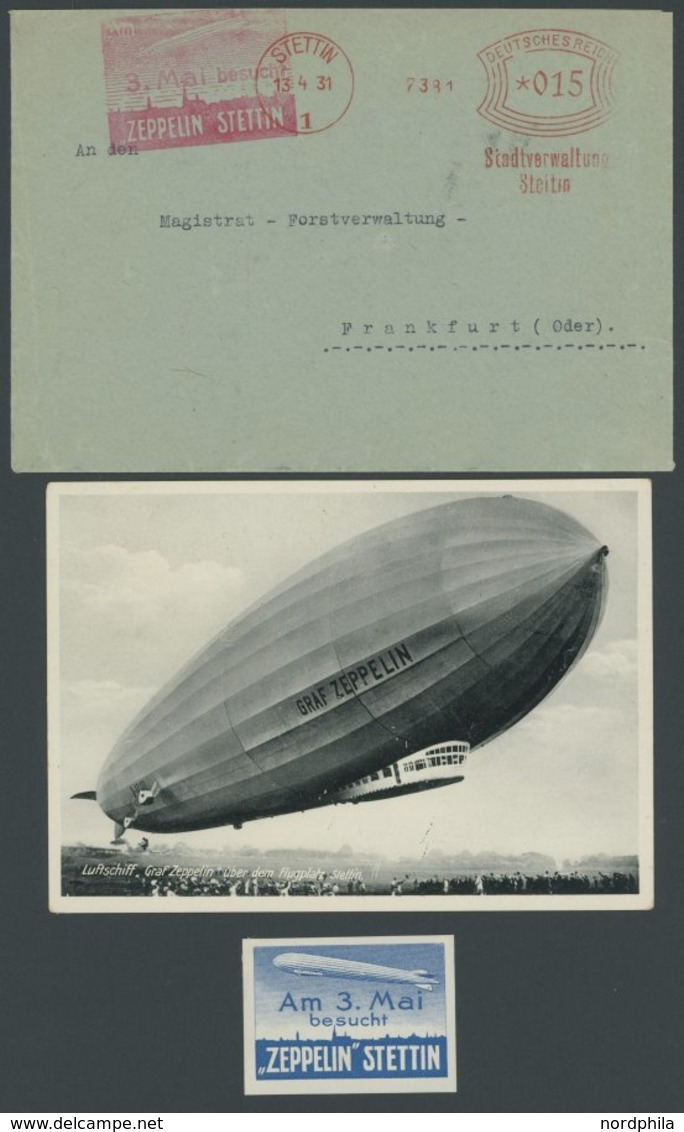 1931, Werbestempel Am 3. Mai Besucht Zeppelin Stettin Auf Einfachem Brief, Dazu Vignette Dto. Und Fotokarte Zeppelin übe - Zeppelin